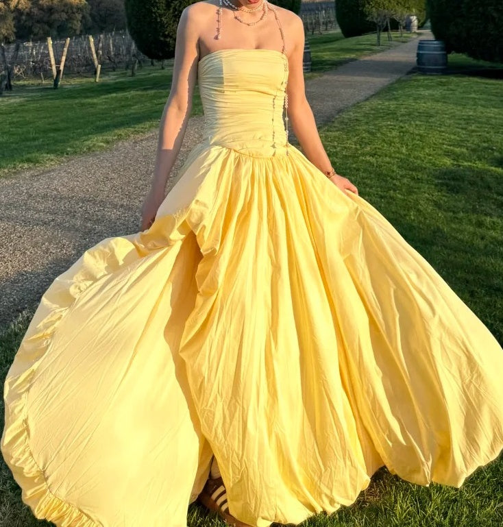 Yellow Prom Dress Strapless Pleated Slit Gala Gown Birthday Party Outfits Evening Dresses   D4938
