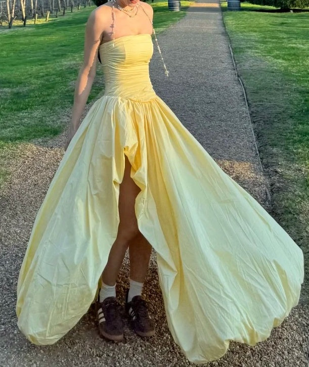 Yellow Prom Dress Strapless Pleated Slit Gala Gown Birthday Party Outfits Evening Dresses   D4938