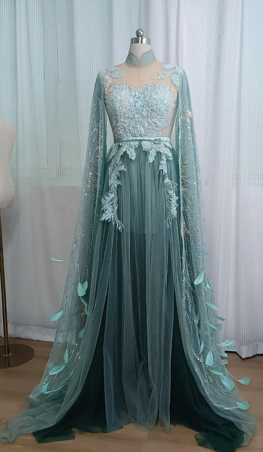 Fashion Prom Dress High Collar Pleated Tulle Evening Dresses Gala Gown Birthday Party Outfits     D4960