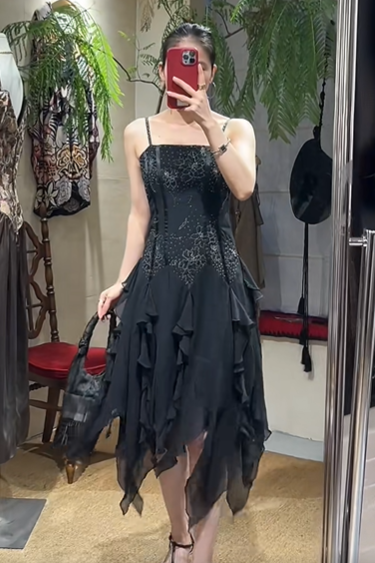 Charming Prom Dress Black Spaghetti Straps Ruffle Evening Dresses Chiffon Gala Gown Cocktail Outfits       D4966