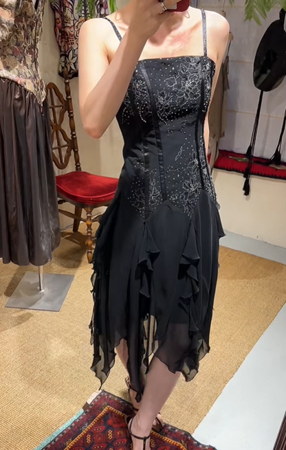 Charming Prom Dress Black Spaghetti Straps Ruffle Evening Dresses Chiffon Gala Gown Cocktail Outfits       D4966