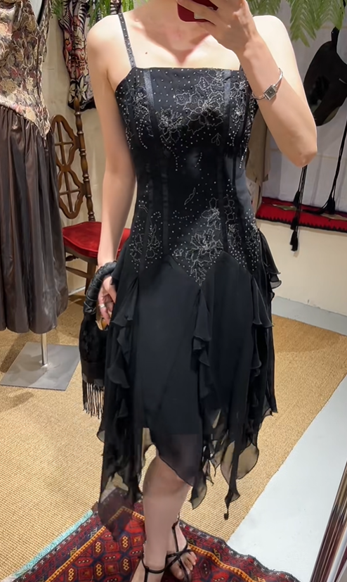 Charming Prom Dress Black Spaghetti Straps Ruffle Evening Dresses Chiffon Gala Gown Cocktail Outfits       D4966