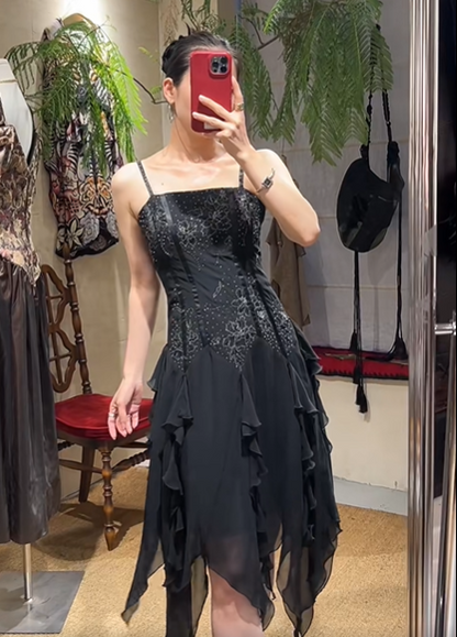 Charming Prom Dress Black Spaghetti Straps Ruffle Evening Dresses Chiffon Gala Gown Cocktail Outfits       D4966