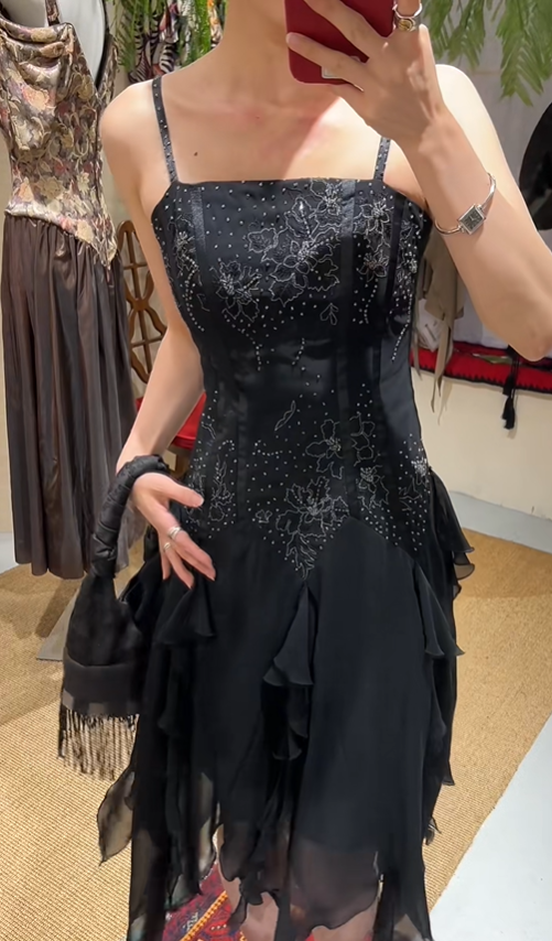 Charming Prom Dress Black Spaghetti Straps Ruffle Evening Dresses Chiffon Gala Gown Cocktail Outfits       D4966
