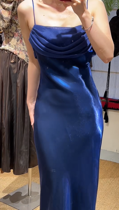 Elegant Prom Dress Satin Spaghetti Straps Pleated Evening Dresses Gala Gown Cocktail Outfits       D4967
