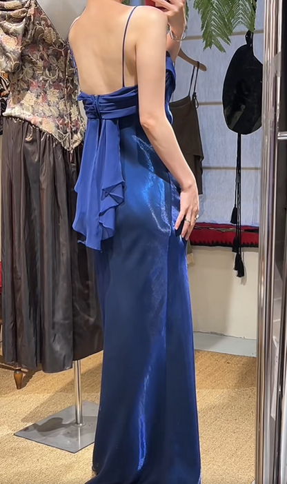 Elegant Prom Dress Satin Spaghetti Straps Pleated Evening Dresses Gala Gown Cocktail Outfits       D4967
