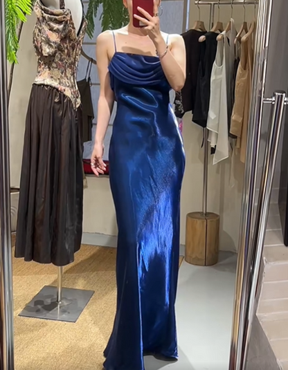 Elegant Prom Dress Satin Spaghetti Straps Pleated Evening Dresses Gala Gown Cocktail Outfits       D4967