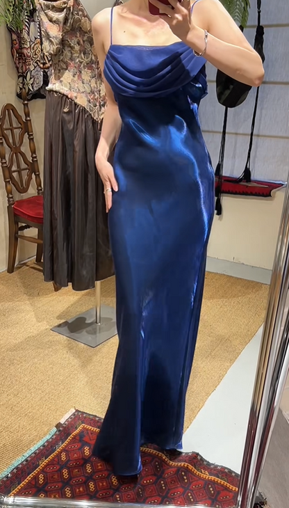 Elegant Prom Dress Satin Spaghetti Straps Pleated Evening Dresses Gala Gown Cocktail Outfits       D4967