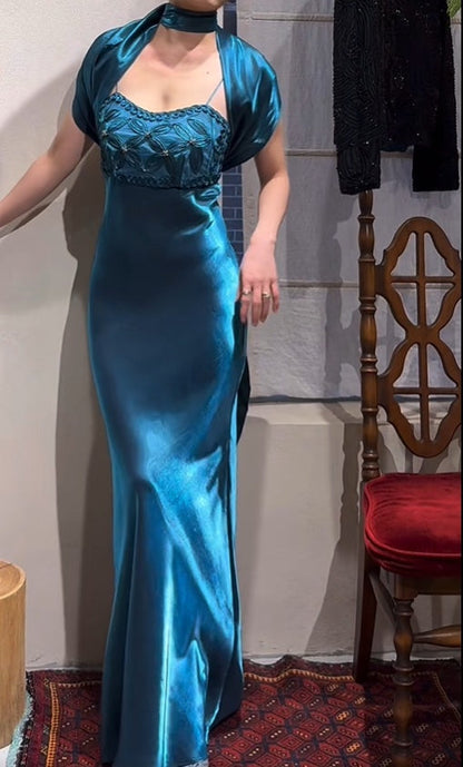 Elegant Prom Dress Satin Spaghetti Straps Cocktail Outfits Evening Dress Gala Gown        D4982