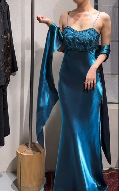 Elegant Prom Dress Satin Spaghetti Straps Cocktail Outfits Evening Dress Gala Gown        D4982