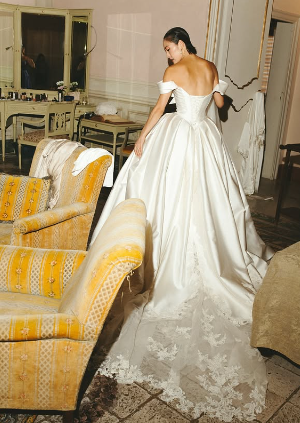 Stunning A Line Off the Shoulder Beaded Appliques White Satin Long Wedding Dress SH6025