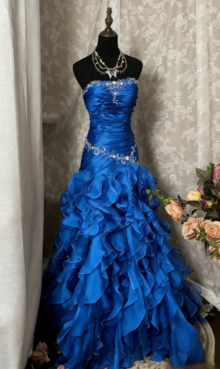 Vintage Grape A Line Strapless Appliques Ruffle Organza Long Prom Dress SH5425