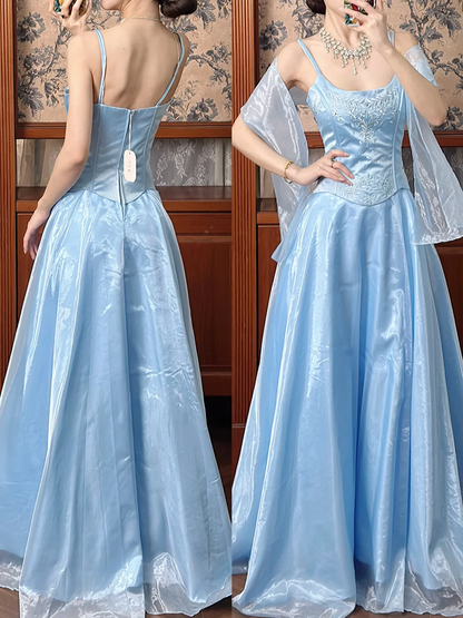 Vintage Blue A Line Embroidery Organza Satin Long Prom Dress Evening Dress SH5654