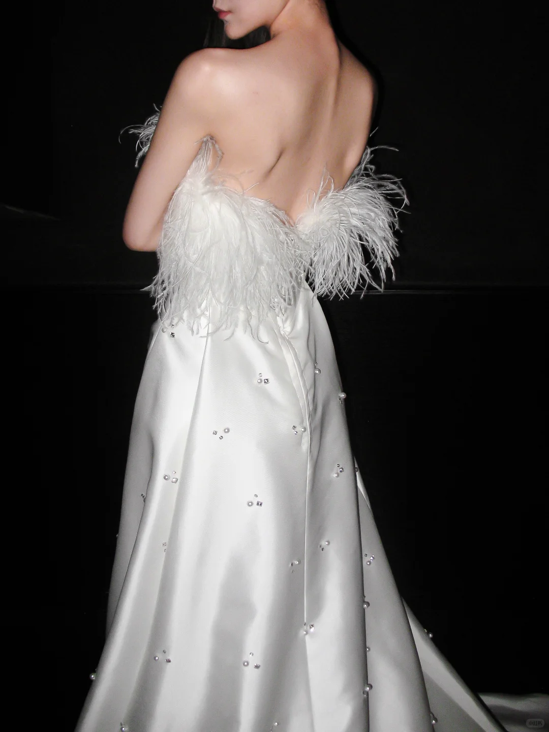 Sweety A Line Strapless White Feather Beaded Satin Long Wedding Dress SH5974