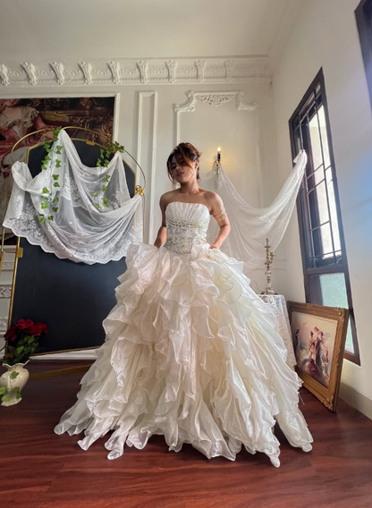 Stunning Vintage Ball Gown Strapless Exquisite Beaded Layered Organza Prom Dress SH5382