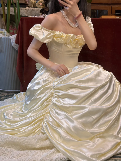 Vintage Ball Gown Puff Ivory Lace Satin Prom Dress 16th Birthday Dress SH5561