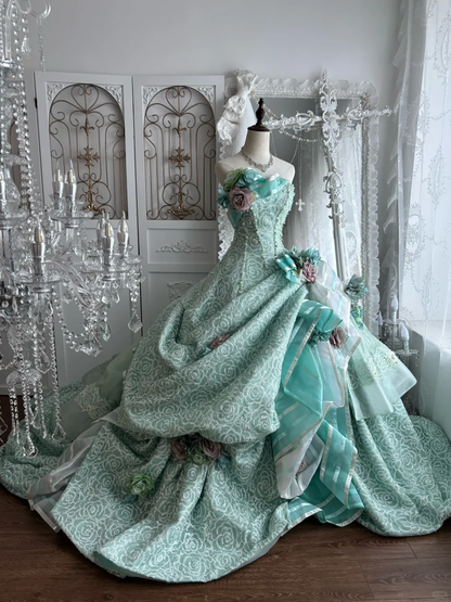 Vintage Blue Rose Print Ball Gown Exquisite Beaded Tulle Prom Dress Sweet 16 Dress SH5988