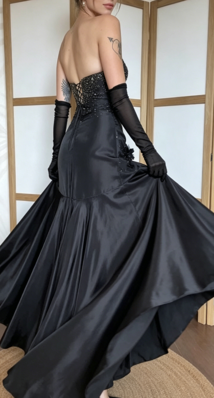 Vintage Black Mermaid Strapless Shiny Beaded Satin Long Party Dress Prom Dress SH5466