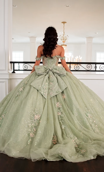 Sweety Green Ball Gown Applique Sequin Tulle Satin Long Prom Dress Quinceanera Dress SH5168