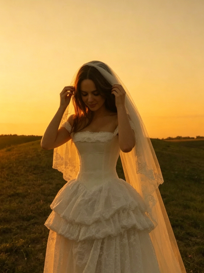 Vintage A Line Off the Shoulder White Lace Prom Dress Wedding Dress SH5325