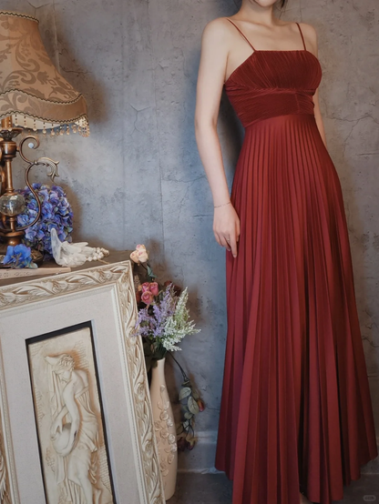 Burgundy Spaghetti Straps A-Line Satin Pleated Long Evening Party Dresses, D1158