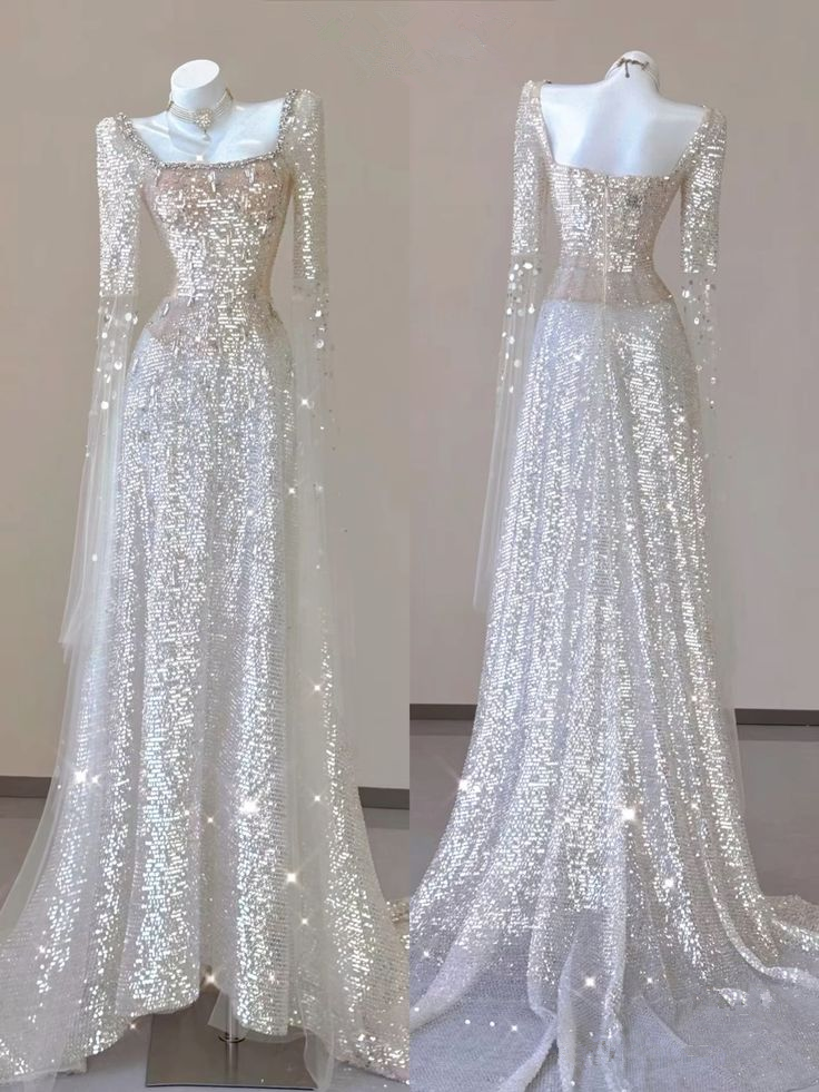 Champagne Square Neck Sequins Long Sleeves Long Party Dress MD7484