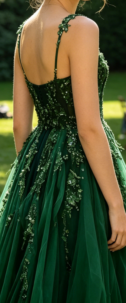 Green Straps A-Line V Neck Tulle Appliques Long Party Dress Formal Evening Gown, D426