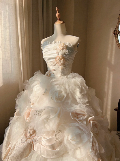 Stunning Retro Ball Gown Strapless Light Pink Rose Layered Organza Wedding Dress Prom Dress SH5890