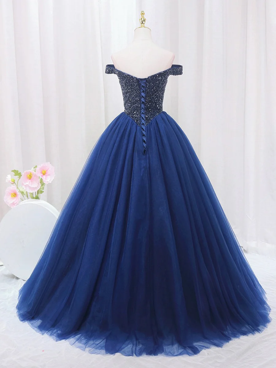 Blue Tulle Beaded Long Prom Dress, Off the Shoulder Evening Party Dress MD7198