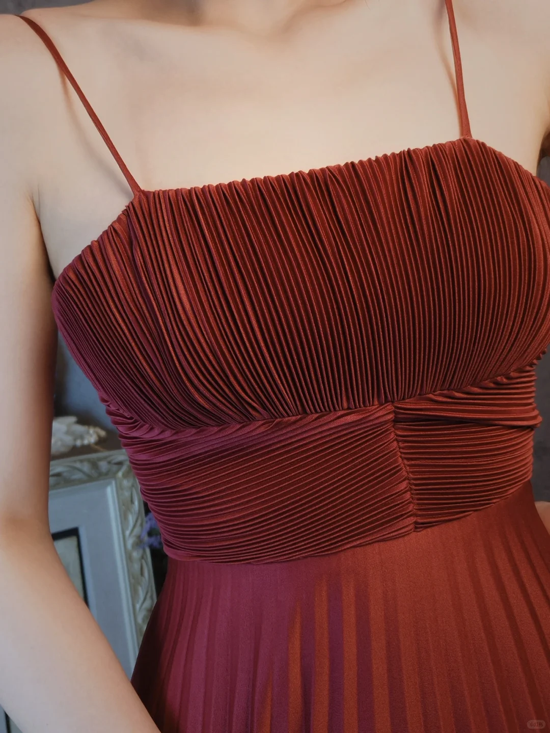 Burgundy Spaghetti Straps A-Line Satin Pleated Long Evening Party Dresses, D1158