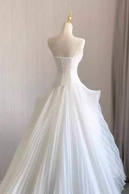 Elegant White Strapless A-Line Chiffon Long Wedding Dress MD7599