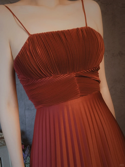 Burgundy Spaghetti Straps A-Line Satin Pleated Long Evening Party Dresses, D1158