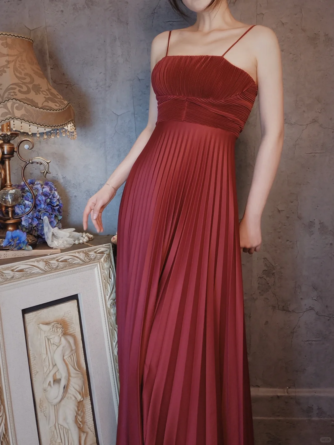 Burgundy Spaghetti Straps A-Line Satin Pleated Long Evening Party Dresses, D1158