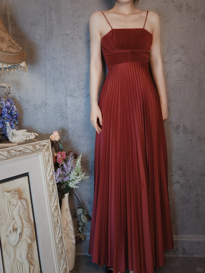 Burgundy Spaghetti Straps A-Line Satin Pleated Long Evening Party Dresses, D1158