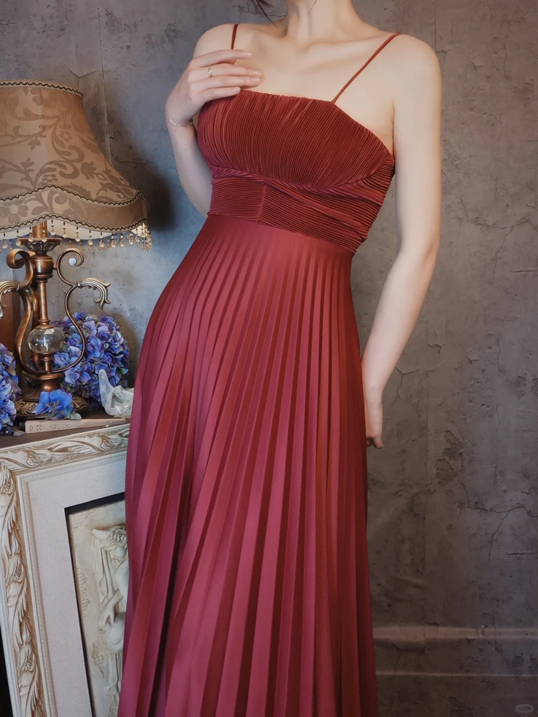 Burgundy Spaghetti Straps A-Line Satin Pleated Long Evening Party Dresses, D1158