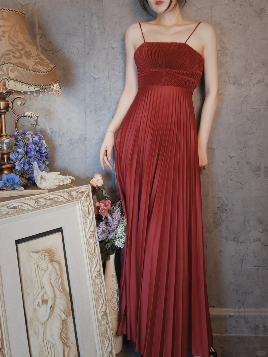 Burgundy Spaghetti Straps A-Line Satin Pleated Long Evening Party Dresses, D1158