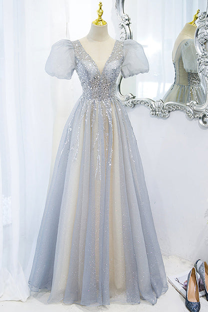 Gray tulle beads long prom dress A line evening dress M5311