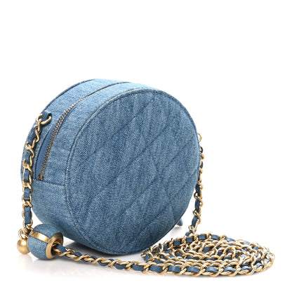 Denim Quilted Round Pearl Crush Clutch With Chain Blue