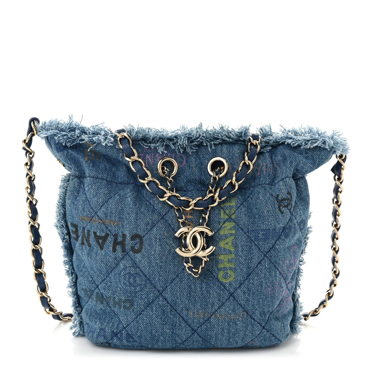Denim Quilted Small Mood Bucket With Chain Blue Multicolor