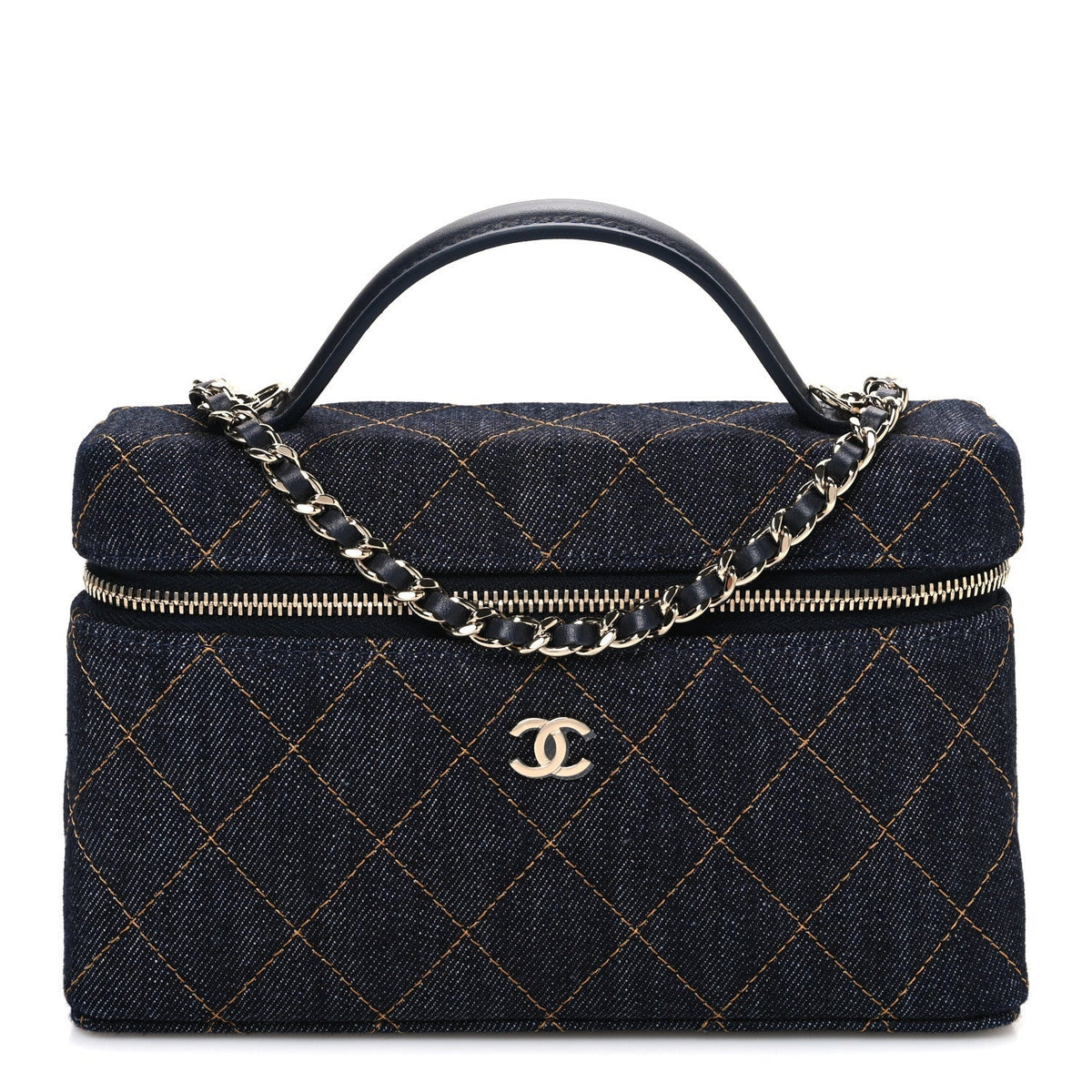 Denim Quilted Top Handle Slim Vanity Case With Chain Dark Blue Orange