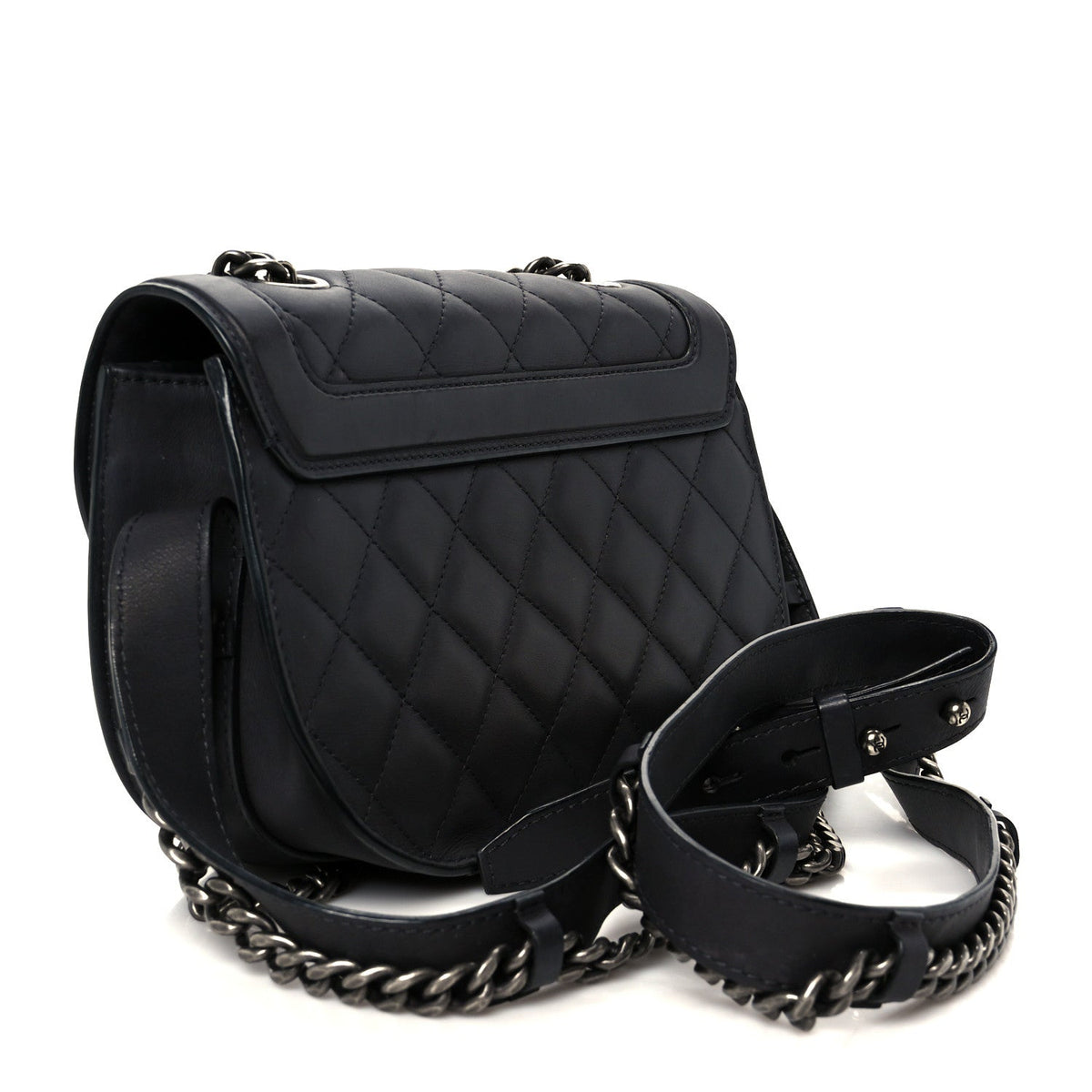 Shiny Goatskin Quilted Small Double Chained Messenger Flap Black