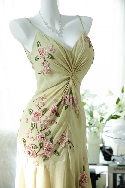 Vintage Light Green Spaghetti Strap Floral Design A-line Romantic Chiffon Evening Dress Prom Dress D1504