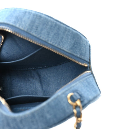 Denim Quilted Round Pearl Crush Clutch With Chain Blue