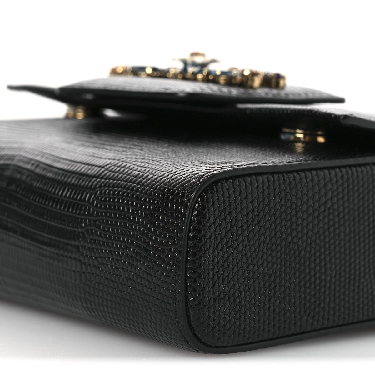 Lizard Embossed Crystal Embellished DG Millennials Mini Crossbody Bag Black