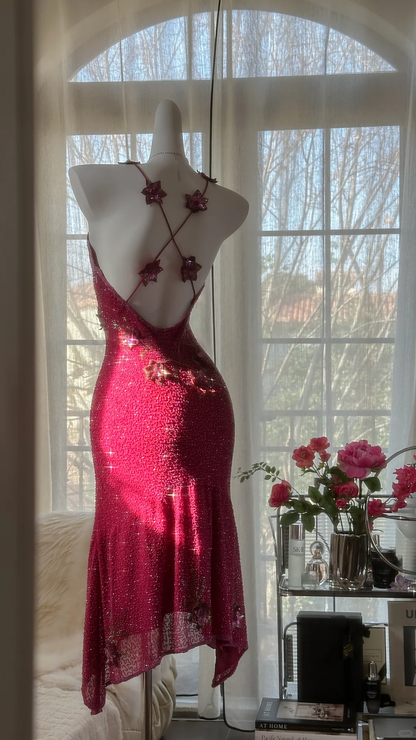 Vintage Shiny Sequin Rose Red Backless Design A-line Romantic Chiffon Evening Dress Prom Dress D1506