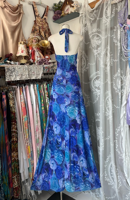 Vintage Navy Blue Floral V-neck Halter Dress Elegant A-Line Long Evening Dress Prom Dresses D1672