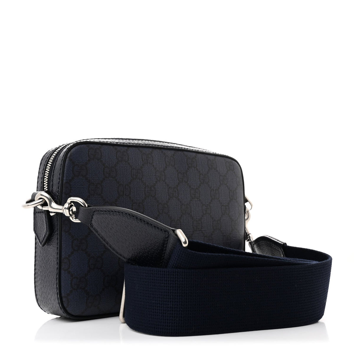 GG Supreme Monogram Textured Dollar Calfskin Web Ophidia Wristlet Shoulder Bag Black Blue