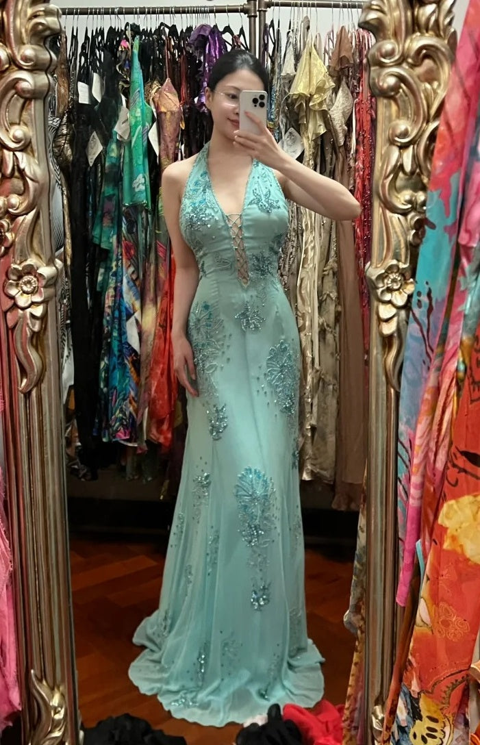 Elegant Prom Dress Halter Evening Dress Long Cocktail Outfits Gala Gown Birthday Party Dress     D5002
