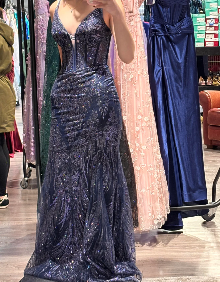 Stunning Prom Dress Navy Blue Spaghetti Straps Evening Dress Long Cocktail Outfits Gala Gown     D5003