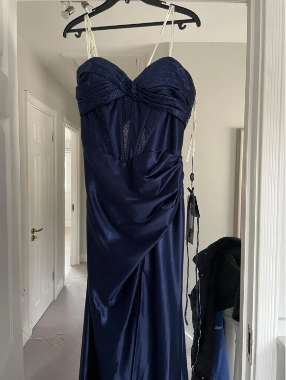 Elegant Prom Dress Navy Blue Sweetheart Pleated Long Evening Dress Party Outfits Gala Gown     D5010